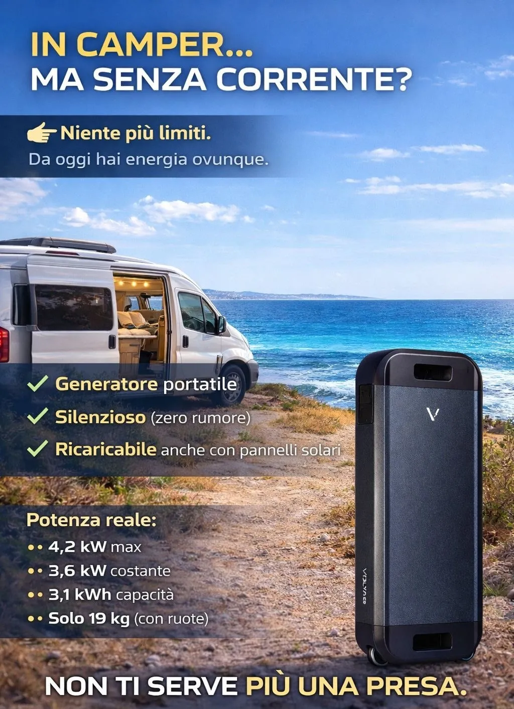 Voltab, il generatore portatile di Reefilla, accanto a un camper